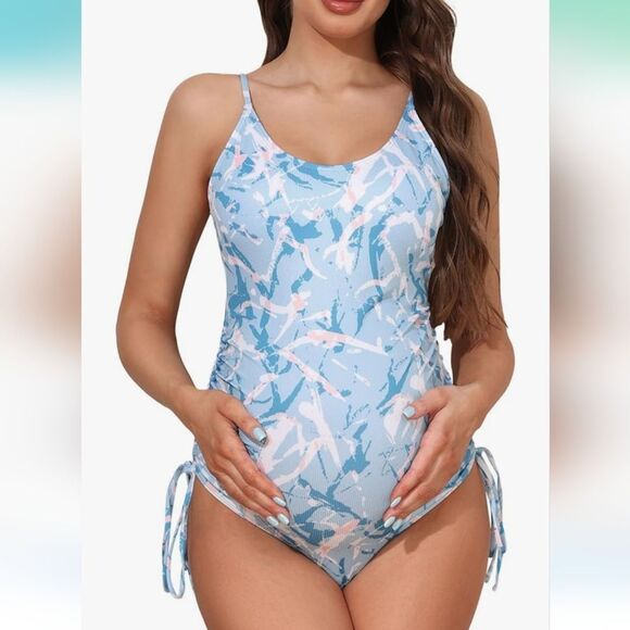 NWT Summer Mae Maternity Swimsuit One Piece Ribbed Side Tie Bathing Suit - Picture 2 of 5